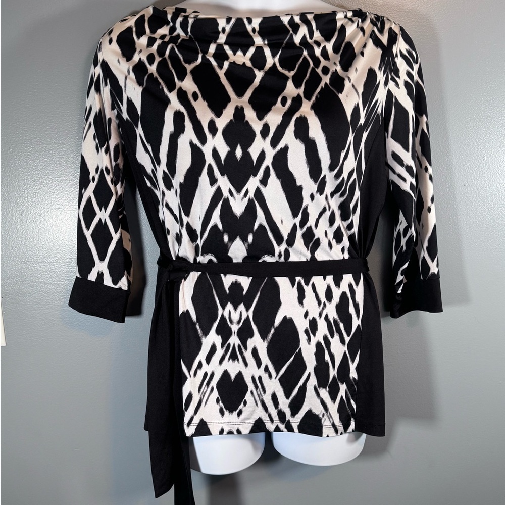 Liz Claiborne Petite Ikat Black White Belted Tunic PL Stretch Geometric Blouse - Picture 4 of 10